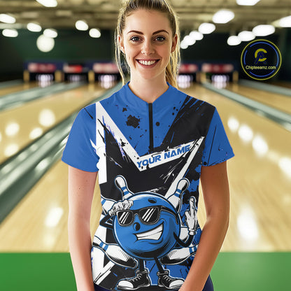 Custom Black And Blue Star Funny Bowling Women Quarter-Zip Shirt, Bowling Team Shirt IPHW9359