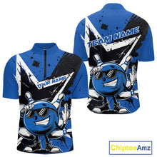 Load image into Gallery viewer, Custom Black And Blue Star Funny Bowling Quarter-Zip Shirts For Men, Bowling Tournament Shirt IPHW9359