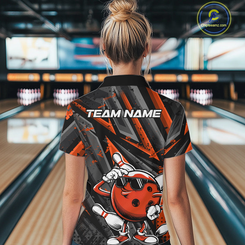 Black And Orange Funny Custom Bowling Jerseys, Cool Bowling Quarter-Zip Shirts For Women IPHW9363