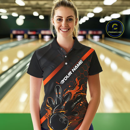 Custom Black And Orange Flame Bowling Shirts For Women, Bowling Team Bowling League Shirts IPHW7508