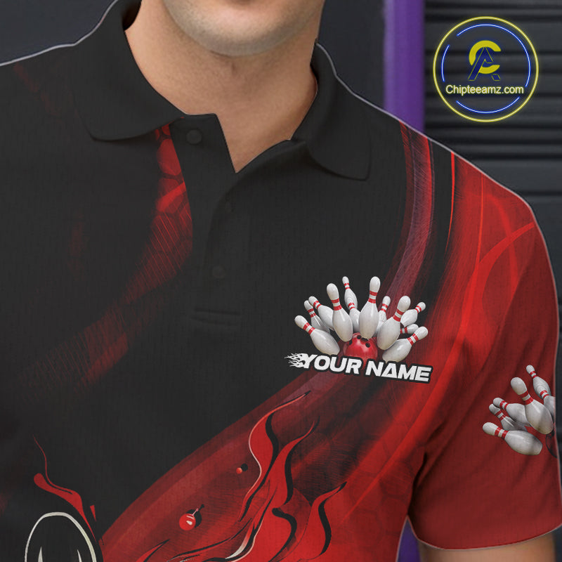 Custom Black And Red Flame Bowling Polo Shirt For Men, Bowling Team League Shirt IPHW9872