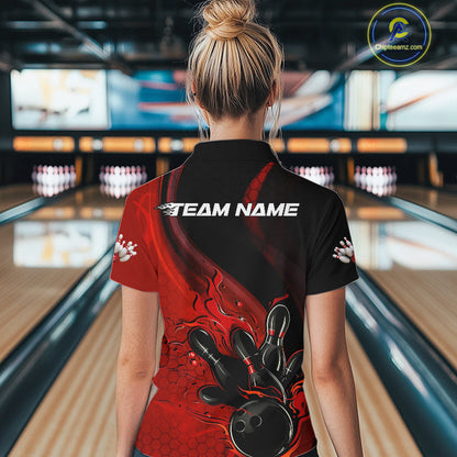 Custom Black And Red Flame Bowling Quarter-Zip Shirt For Women, Bowling Team League Shirt IPHW9872