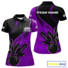 Load image into Gallery viewer, Custom Black And Purple Flame Bowling Polo Shirt For Women, Bowling Team League Shirt IPHW9874