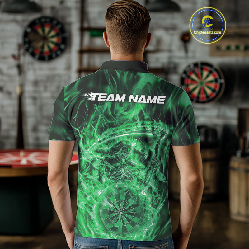 Custom Black And Green Flame Grim Reaper Dart Team Men Polo Shirts, Halloween Otufit IPHW10038