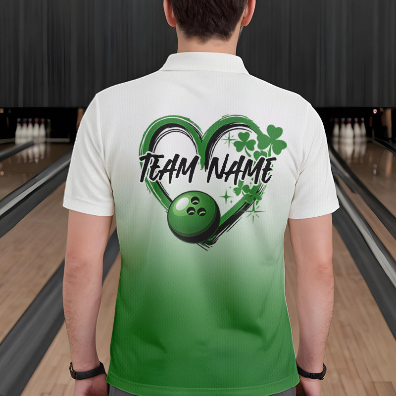 Custom Heart St Patricks Day Bowling Polo Shirts For Men, Lucky Shamprock Bowling Team Shirt IPHW8601