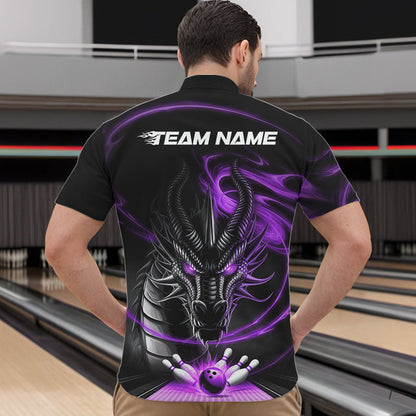 Custom Black And Purple Flame Dragon Bowling Team Men Quarter-Zip Shirts, Bowling League Shirt IPHW8912