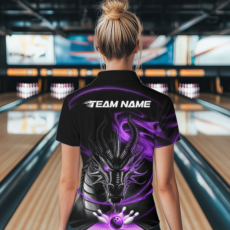 Custom Black And Purple Flame Dragon Bowling Women Quarter-Zip Shirts, Bowling League Shirt IPHW8912