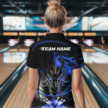 Custom Black And Blue Flame Dragon Bowling Women Quarter-Zip Shirts, Bowling League Shirt IPHW8913