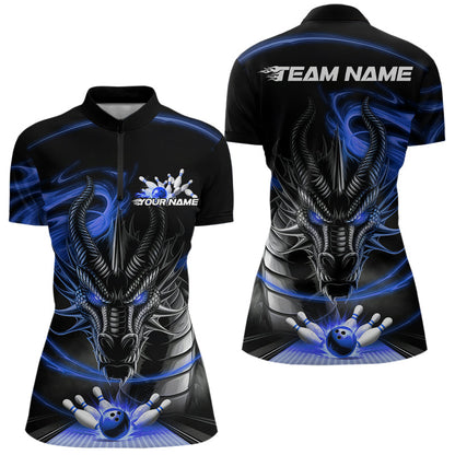 Custom Black And Blue Flame Dragon Bowling Women Quarter-Zip Shirts, Bowling League Shirt IPHW8913