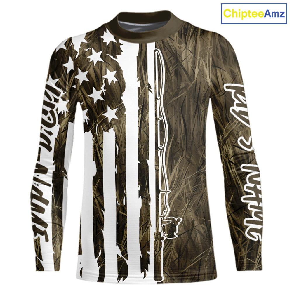 Custom US Fishing Rod Grass Camo Patriotic Kid Long Sleeve Fishing Shirts IPHW9135