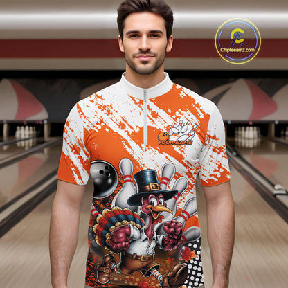 Custom Orange Turkey Bowling Men Quarter-Zip Shirts, Funny Thanksgiving Bowling Team Shirts IPHW9718