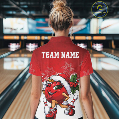 Custom Cute Funny Ladies Christmas Bowling Polo Shirts, Women Team Xmas Bowling Outfit IPHW10137