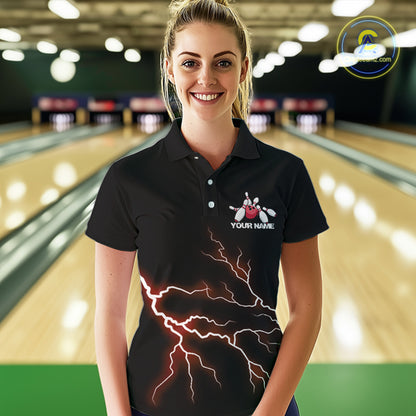Red Thunder Lightning Bowling Wings Custom Bowling Team Polo Shirts For Women IPHW8394
