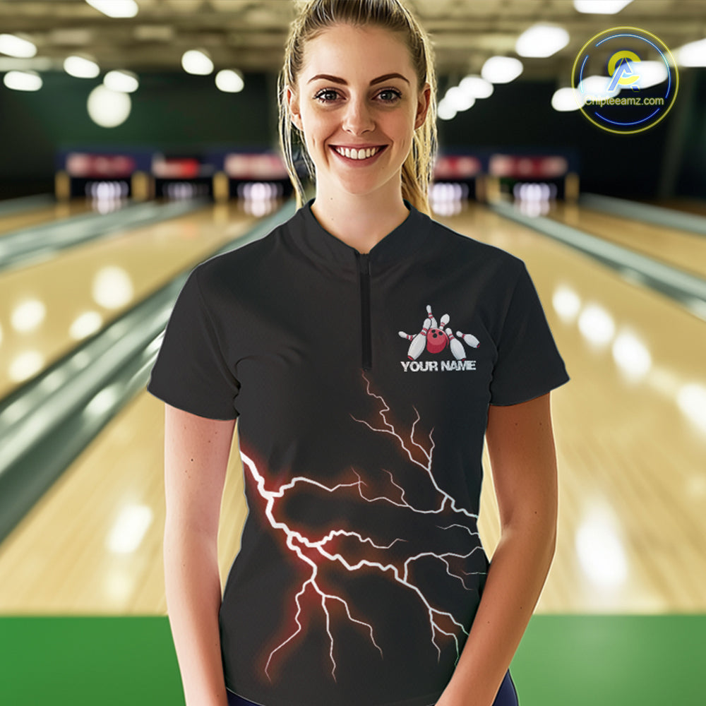 Red Thunder Lightning Bowling Wings Custom Bowling Team Quarter-Zip Shirts For Women IPHW8394