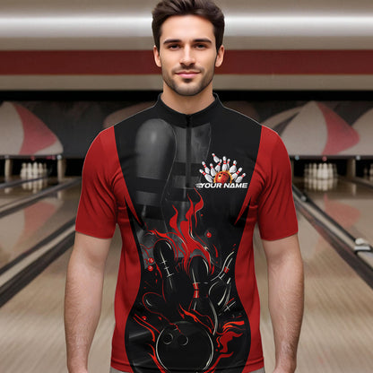 Custom Black And Red Flame Bowling Quarter-Zip Shirts For Men, Fire Bowling League Shirt IPHW8619