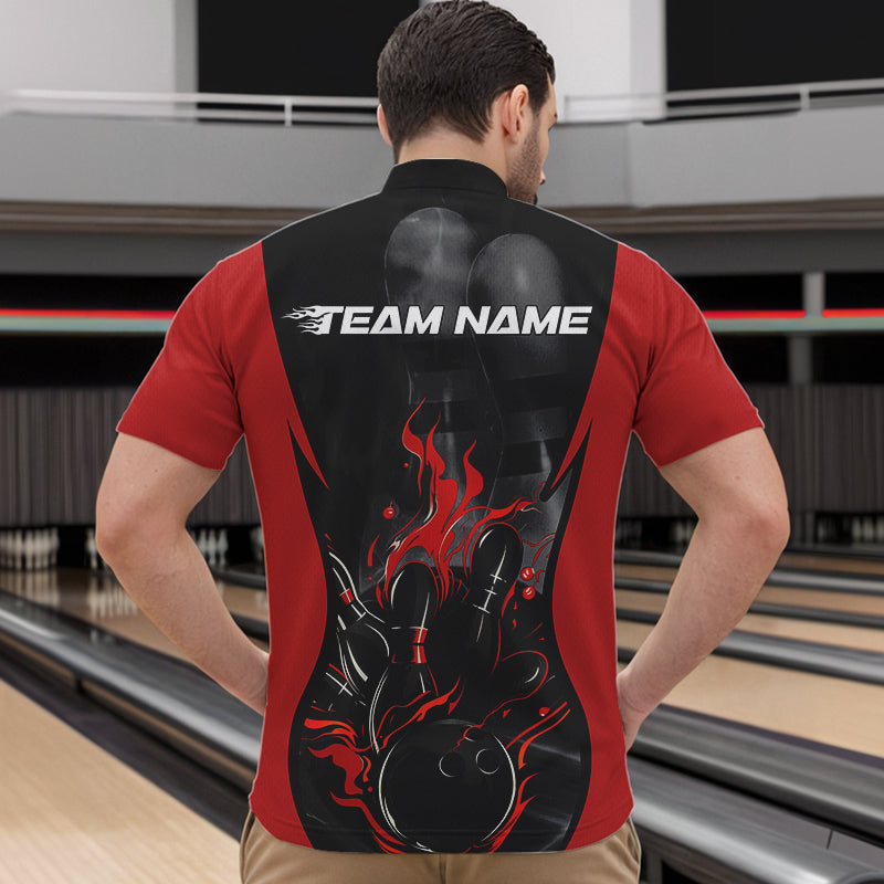 Custom Black And Red Flame Bowling Quarter-Zip Shirts For Men, Fire Bowling League Shirt IPHW8619