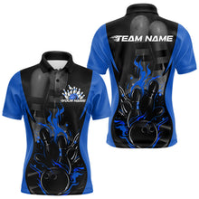 Load image into Gallery viewer, Custom Black And Blue Flame Bowling Polo Shirts For Men, Fire Bowling League Shirt IPHW8620