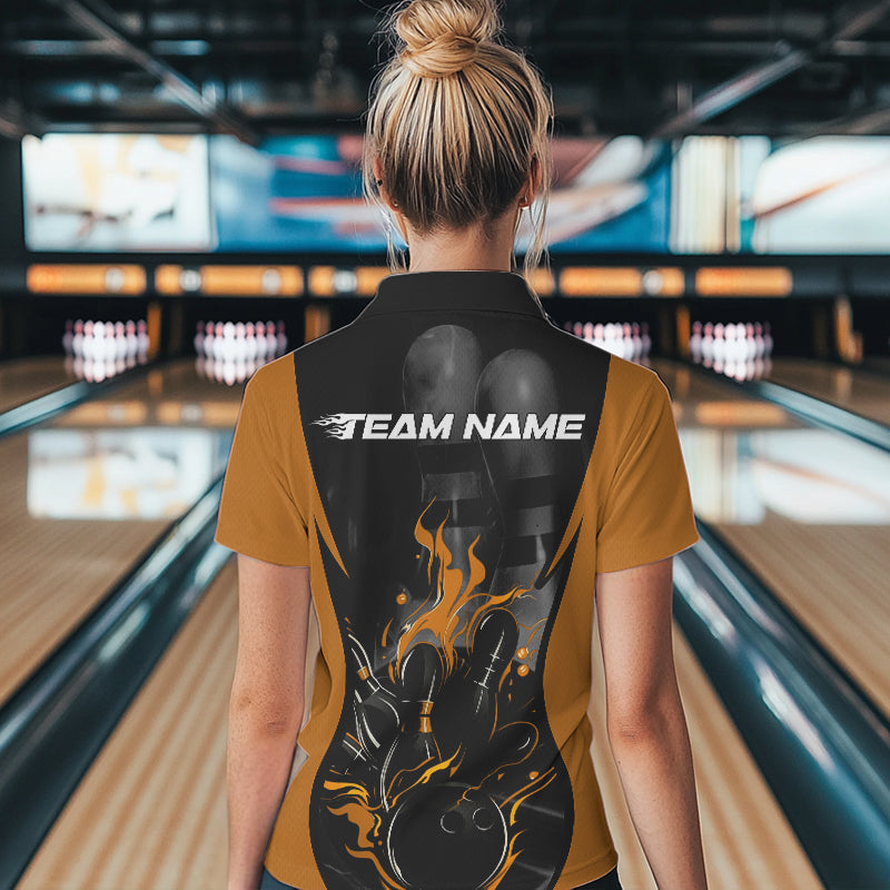 Custom Black And Yellow Flame Bowling Polo Shirts For Women, Fire Bowling League Shirt IPHW8621
