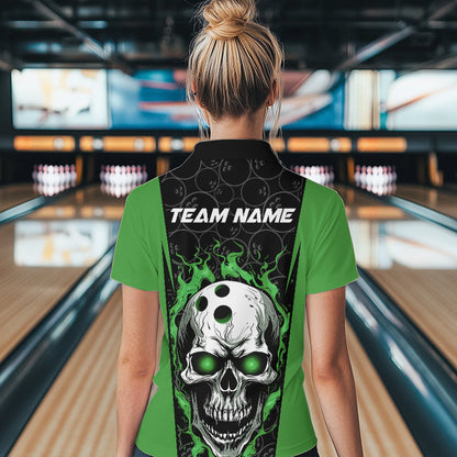Custom Black And Green Flame Skull Bowling Womens Quarter-Zip Shirt, Fire Skull Bowling IPHW8628