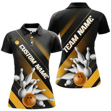 Load image into Gallery viewer, Black And Gold Custom Bowling Team Shirts For Women, Bowling Ball And Pins Shirt IPHW6445
