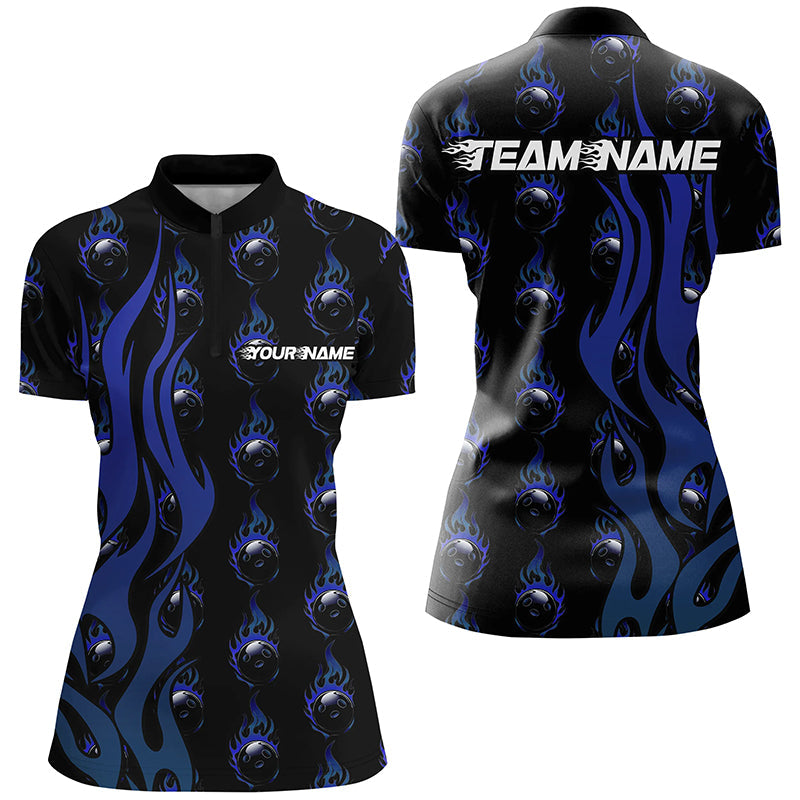 Custom Blue Flame Bowling Shirts For Women, Bowling League Shirts With Team Name IPHW6970