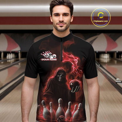 Custom Red Flame Grim Reaper Bowling Men Quarter-Zip Shirts, Skull Halloween Bowler Outfit IPHW9735