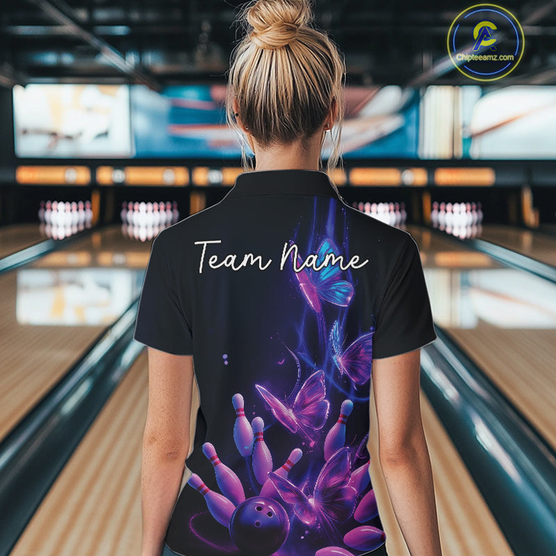 Custom Blue And Purple Butterfly Women Bowling Team Shirts, Ladies Bowling League Shirt IPHW10155
