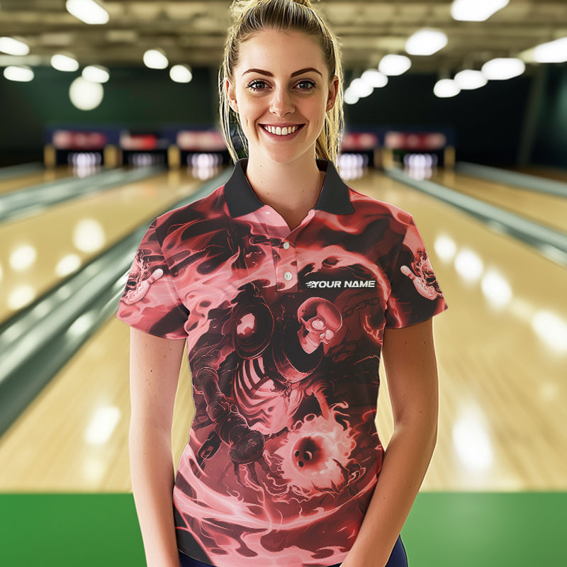 Custom Red Flame Skull Bowling Polo Shirts For Women, Skeleton Bowling Tournament Shirts IPHW8406