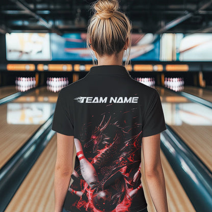 Custom Black And Red Flame Dragon Womens Bowling Polo Shirts, Bowling Tournament Team Shirt IPHW8415