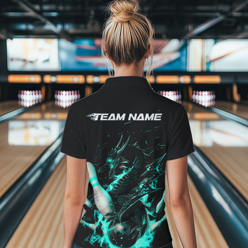 Custom Black And Blue Flame Dragon Bowling Womens Quarter-Zip Shirts, Bowling Team Shirt IPHW8417