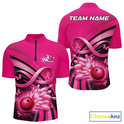 Front and back view of a mens bowling quarter zip shirt mockup in pink, featuring breast cancer awareness ribbons, butterflies, and bowling-themed design elements.