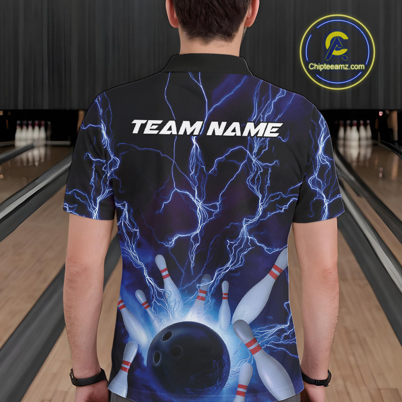 Custom Blue Thunder Lightning Bowling Ball And Pins Polo Shirts For Men, Team Uniform IPHW9507