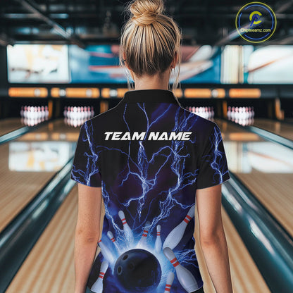 Custom Blue Thunder Lightning Bowling Ball And Pins Women Quarter-Zip Shirt, Team Uniform IPHW9507