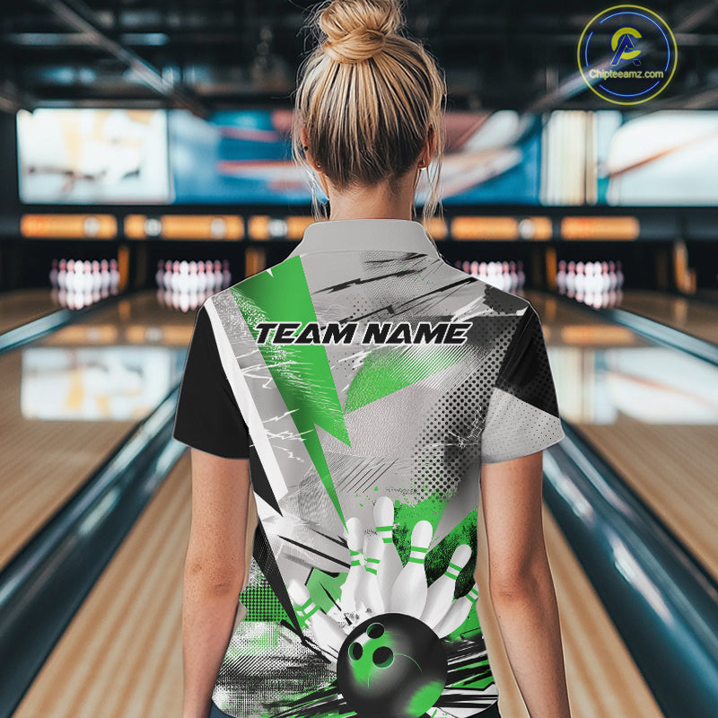 Custom Green And Gray Geometric Bowling Jerseys Bowling Team Quarter-Zip Shirts For Women IPHW9510
