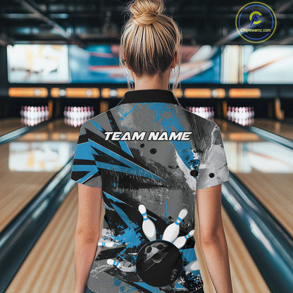Custom Grunge Blue Bowling Quarter-Zip Shirts For Women, Vintage Bowling Team Shirts IPHW9512