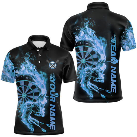 Custom Black And Blue Flame Skull Dart Men Polo Shirts, Halloween Dart Team Outfit IPHW8435