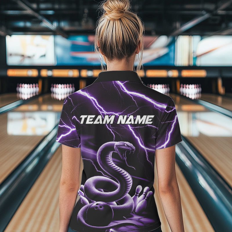 Custom Black And Purple Thunder Lightning Snake Bowling Polo Shirts For Women, Team Outfits IPHW8648