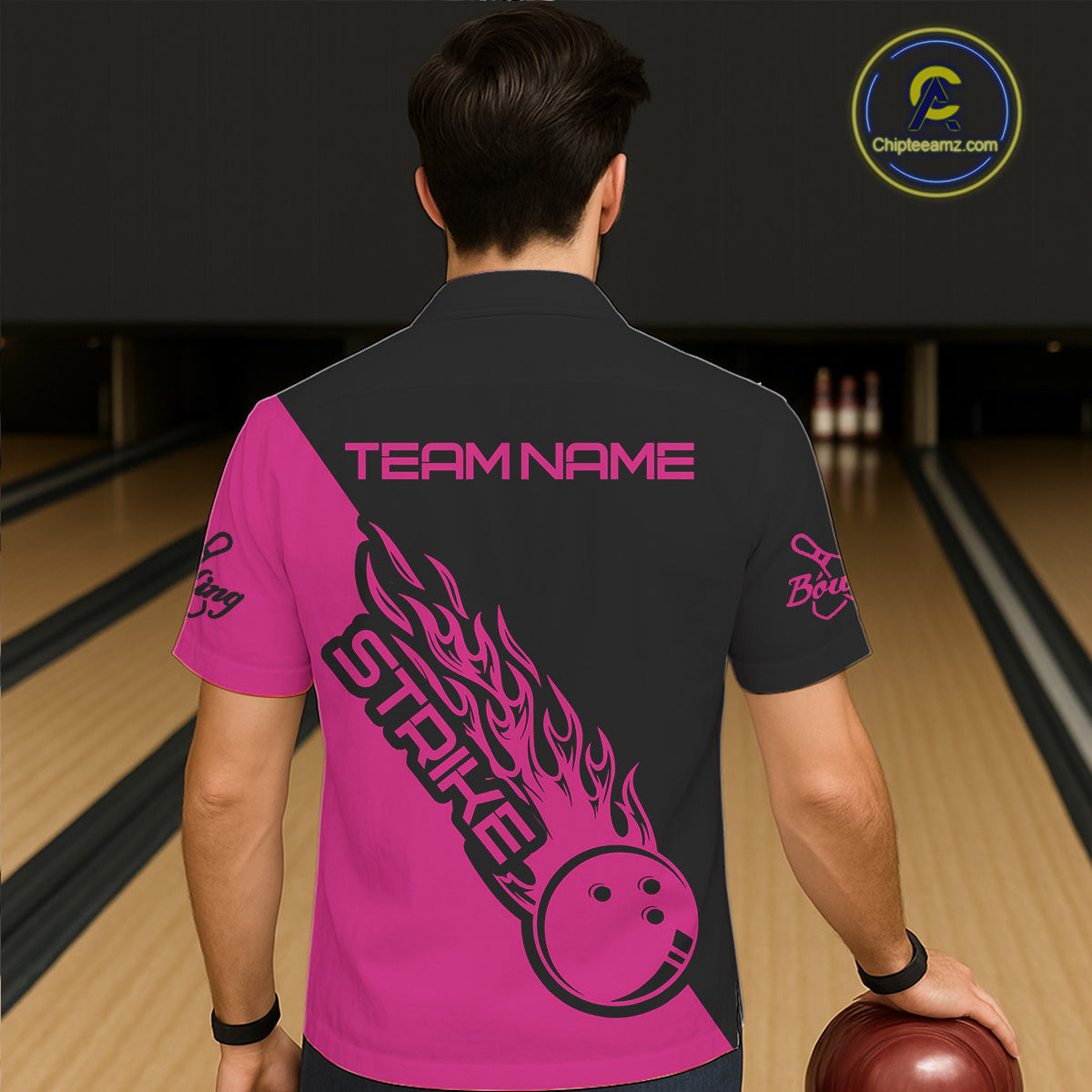 Custom Pink Flame Strike Bowling Men And Women Hawaiian Shirt, Bowling Team Shirts Bowling Strike IPHW4290