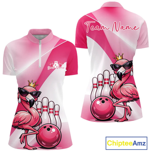 Front and back view of a pink women’s bowling quarter-zip shirt featuring a crowned flamingo wearing sunglasses beside a bowling ball.