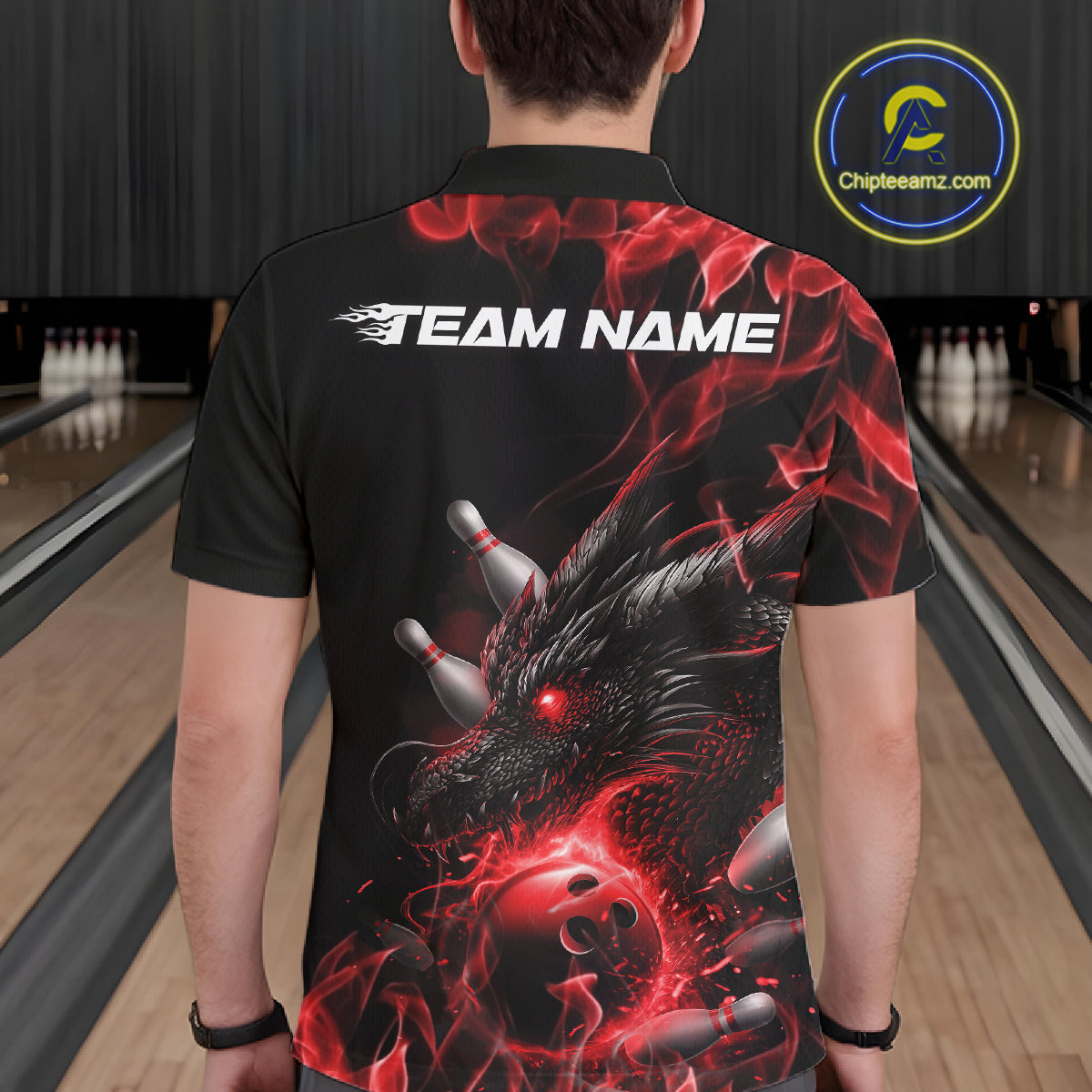 Custom Black And Red Flame Dragon Bowling Men Polo Shirt, Dragon Bowling League Shirt IPHW10272