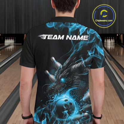 Custom Black And Blue Flame Dragon Bowling Men Polo Shirt, Dragon Bowling League Shirt IPHW10273
