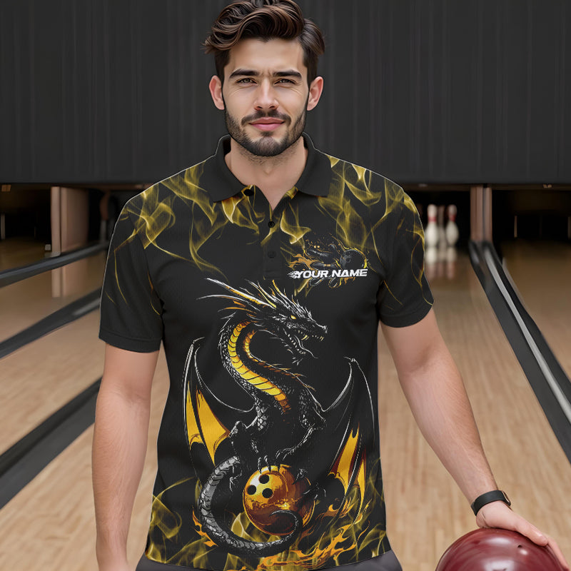 Custom Black And Gold Flame Dragon Bowling Team Polo Shirts For Men, Bowling League Shirt IPHW8653