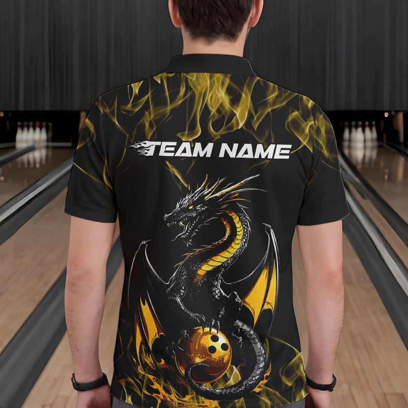 Custom Black And Gold Flame Dragon Bowling Team Polo Shirts For Men, Bowling League Shirt IPHW8653