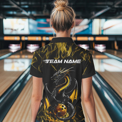 Custom Black And Gold Flame Dragon Bowling Team Polo Shirts For Women, Bowling League Shirt IPHW8653