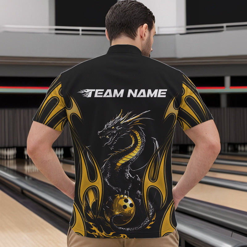 Custom Black And Gold Flame Dragon Bowling Tournament Quarter-Zip Shirts For Men, Bowlers Outfits IPHW8658