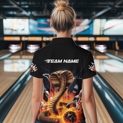 Custom Flame Cobra Snake Bowling Team Womens Quarter-Zip Shirts, Bowling Tournament Outfit IPHW8667