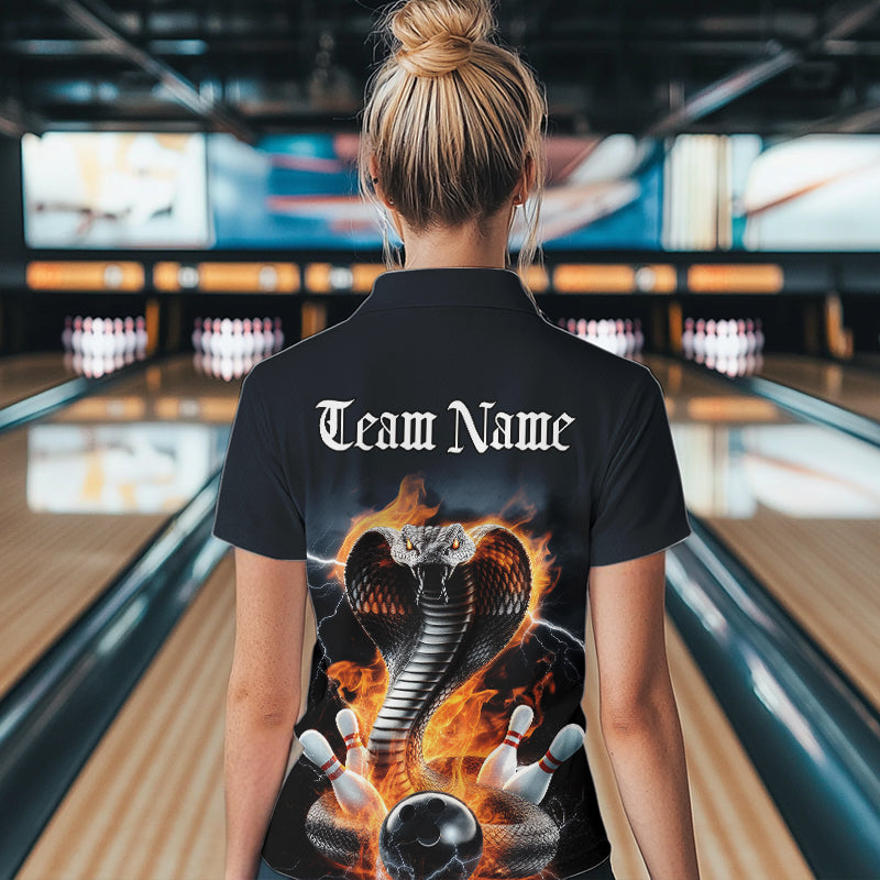Custom Flame Cobra Snake Bowling Team Womens Quarter-Zip Shirts, Bowling Tournament Outfit IPHW8668