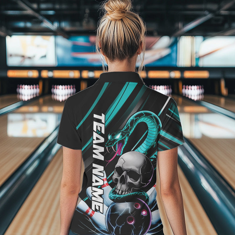 Custom Black And Blue Snake Skull Bowling Polo Shirts For Women, Bowling Team Shirt IPHW8669
