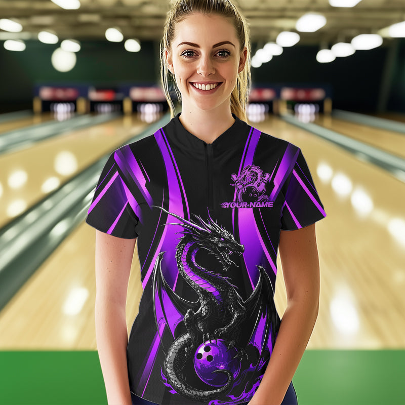 Custom Purple Dragon Bowling Jerseys, Dragon Bowling Women Quarter-Zip Bowling League Shirt IPHW8928