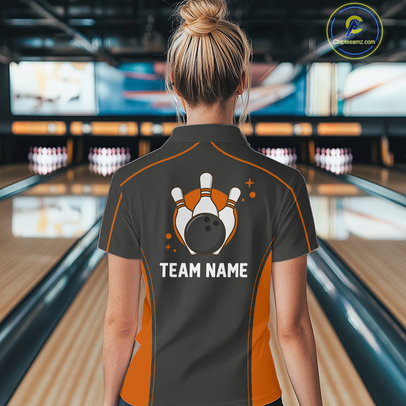 Custom Black And Orange Classic Bowling Women Quarter-Zip Shirt, Bowling League Shirt IPHW9913